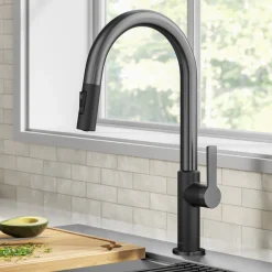 KRAUS Oletto Single Handle Matte Black & Black Stainless Steel Pull-Down Kitchen Faucet