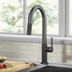 KRAUS Oletto Single Handle Matte Black & Black Stainless Steel Pull-Down Kitchen Faucet