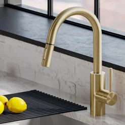 KRAUS Oletto Single Handle Pull Down Kitchen Faucet in Brushed Brass