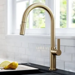 KRAUS Oletto Single Handle Pull-Down Kitchen Faucet in Spot Free Antique Champagne Bronze
