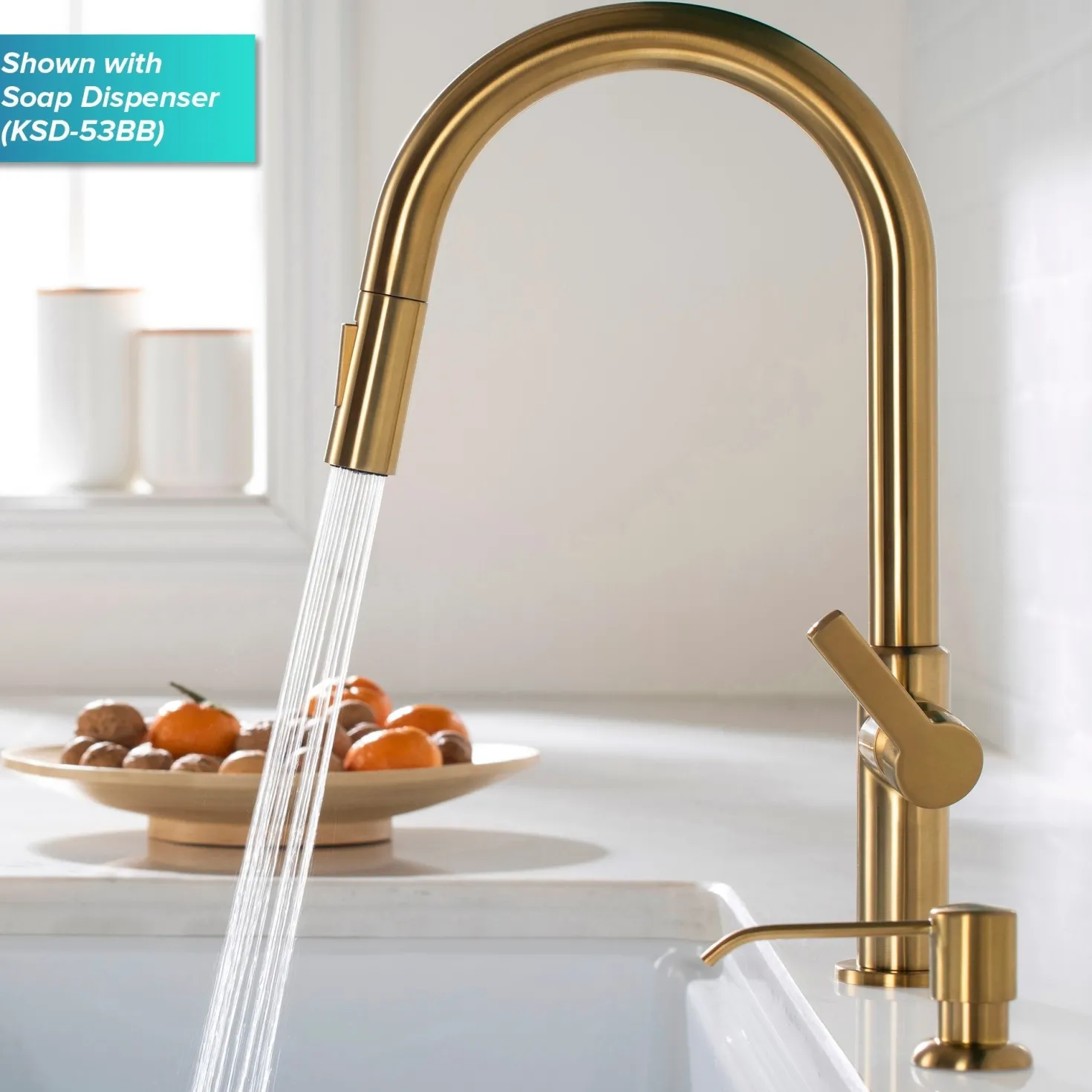 KRAUS Oletto Single Handle Pull-Down Kitchen Faucet in Brushed Brass
