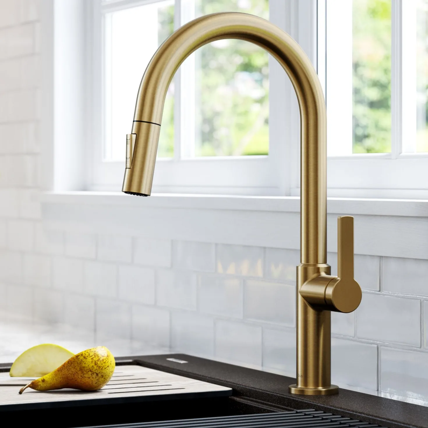 KRAUS Oletto Single Handle Pull-Down Kitchen Faucet in Brushed Brass
