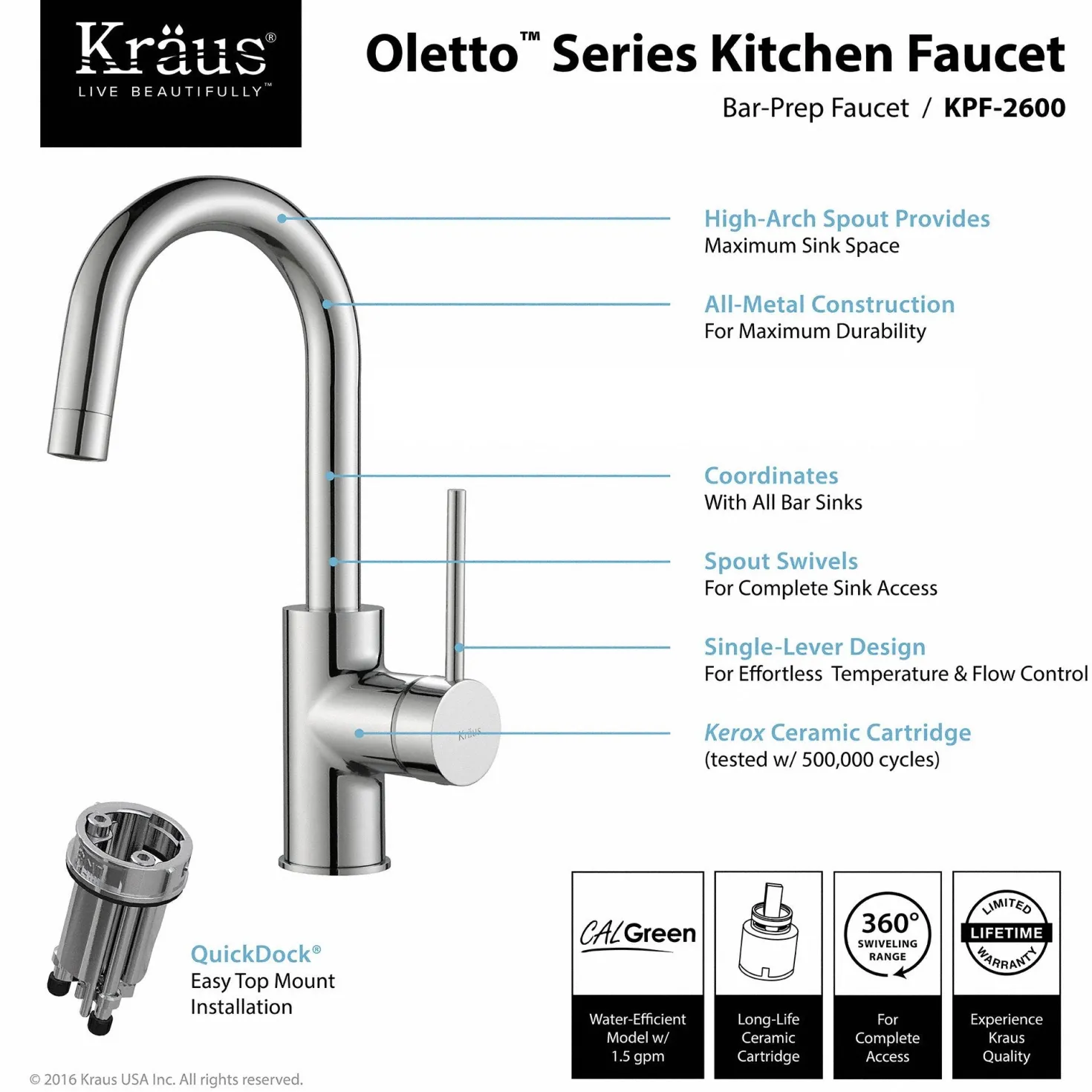 KRAUS Oletto Single Lever Kitchen Bar Faucet in Chrome