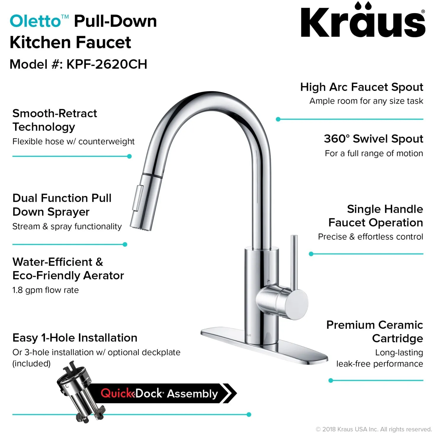 KRAUS Oletto Single Lever Pull Down Kitchen Faucet in Chrome