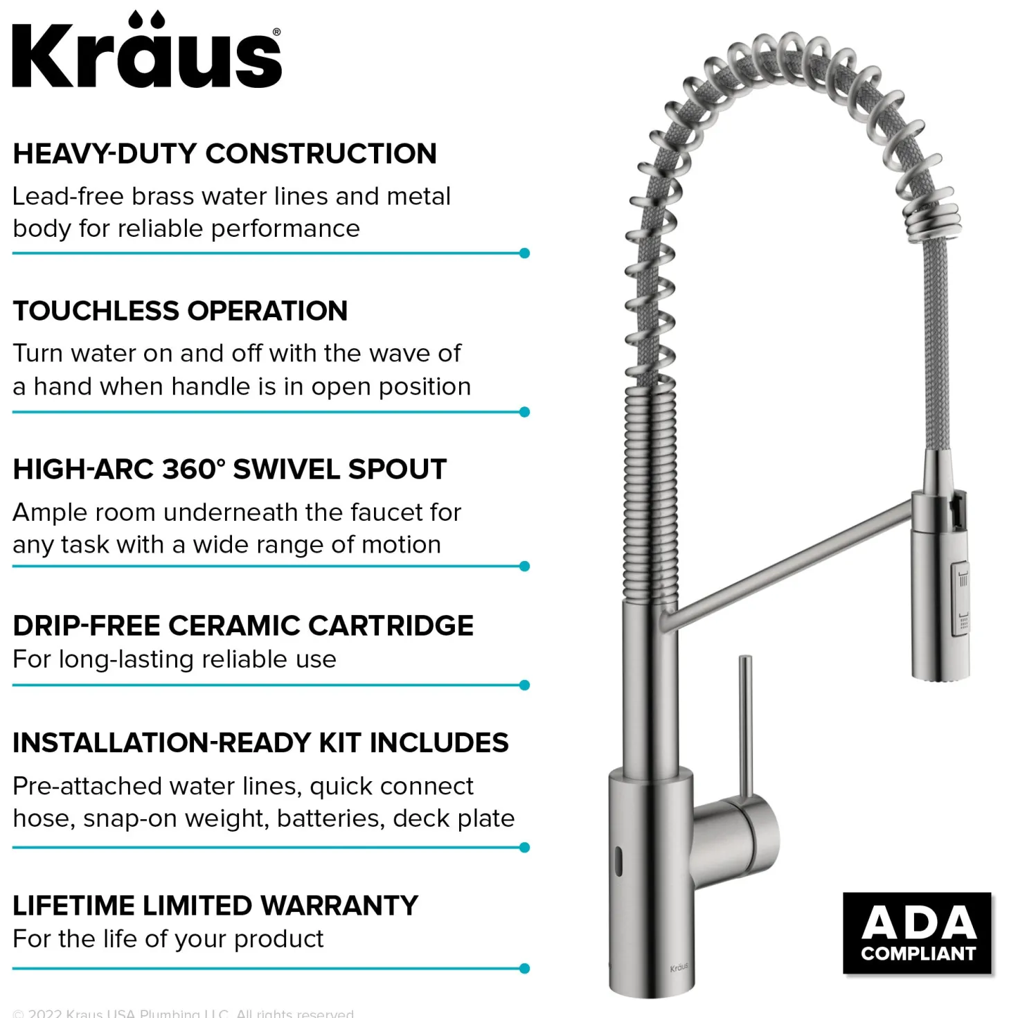 KRAUS Oletto Touchless Pull-Down Single Handle Faucet in Spot Free Stainless Steel