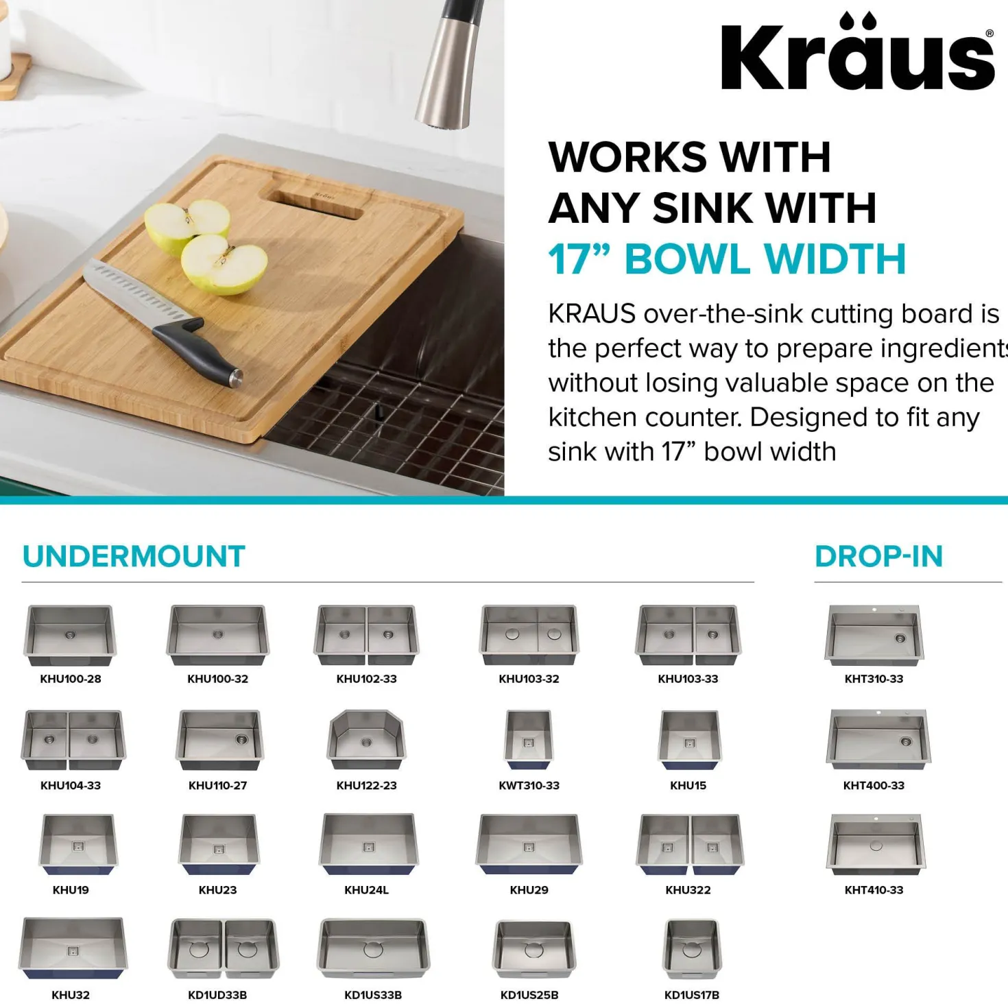 KRAUS Organic Solid Bamboo Cutting Board for Kitchen Sink, 18.5" x 12"
