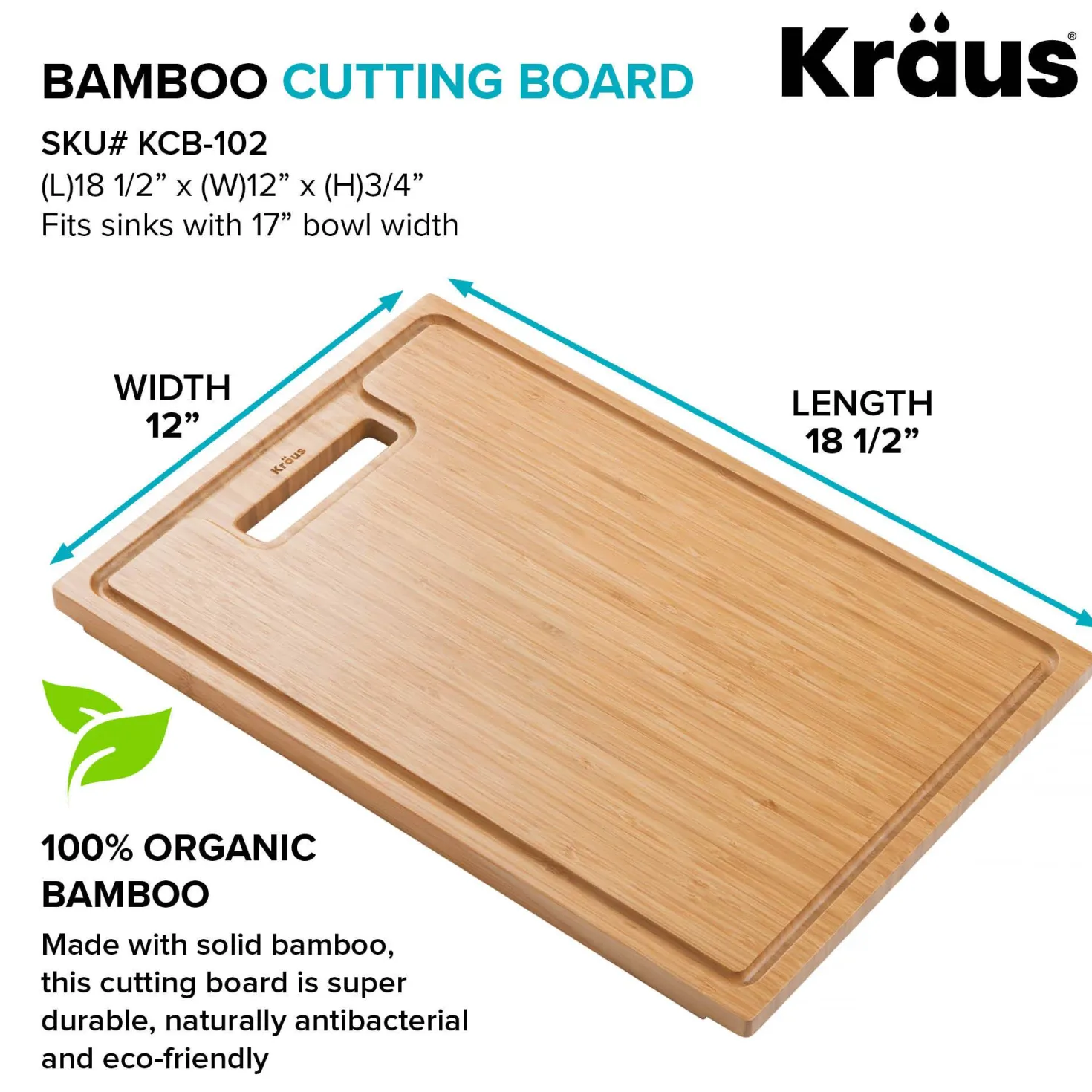 KRAUS Organic Solid Bamboo Cutting Board for Kitchen Sink, 18.5" x 12"