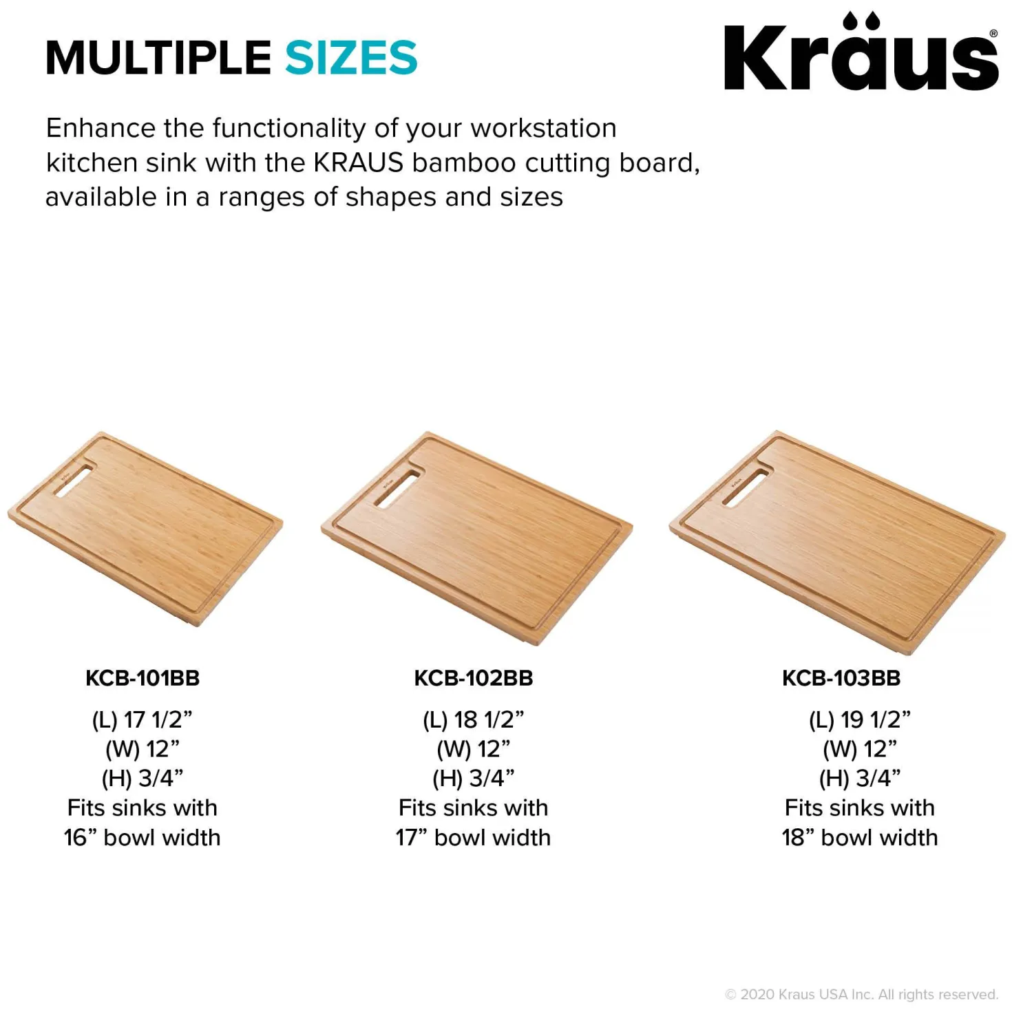 KRAUS Organic Solid Bamboo Cutting Board for Kitchen Sink, 18.5" x 12"