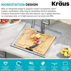 KRAUS 15" × 15" Outdoor T-316 Marine Grade Workstation Sink with Cutting Board | KWT321-15-316