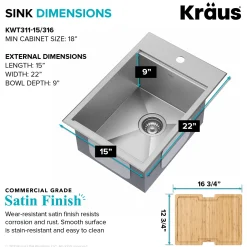 KRAUS 15" × 22" Outdoor T-316 Marine Grade Workstation Sink with Cutting Board | KWT311-15-316