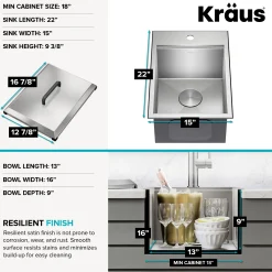 KRAUS 15" × 22" Outdoor T-316 Marine Grade Workstation Sink with Marine-Grade Lid | KCA-1801