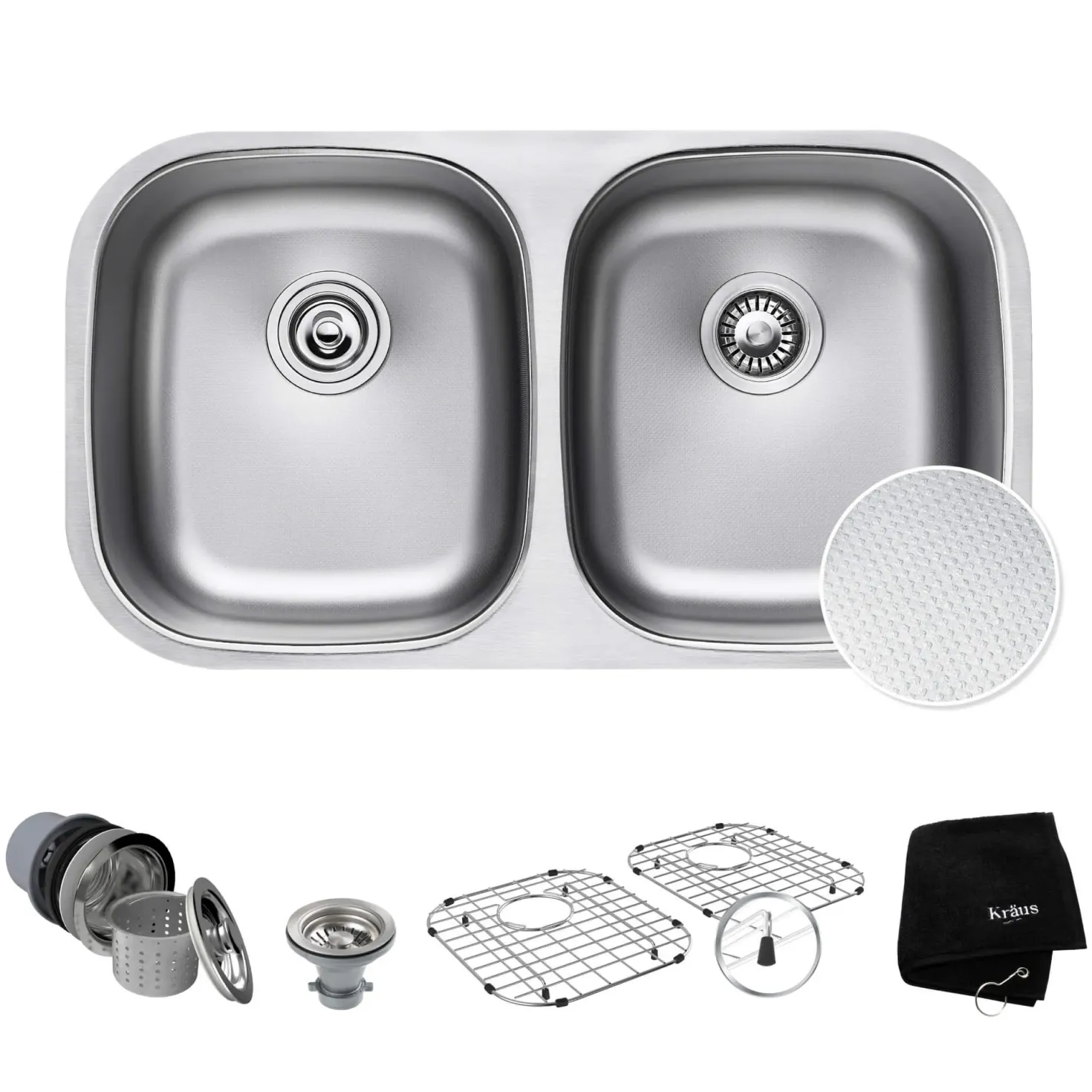 KRAUS Outlast MicroShield Scratch-Resist Stainless Steel Undermount 50/50 Double Bowl Sink, 32" 16 Gauge, Premier Series