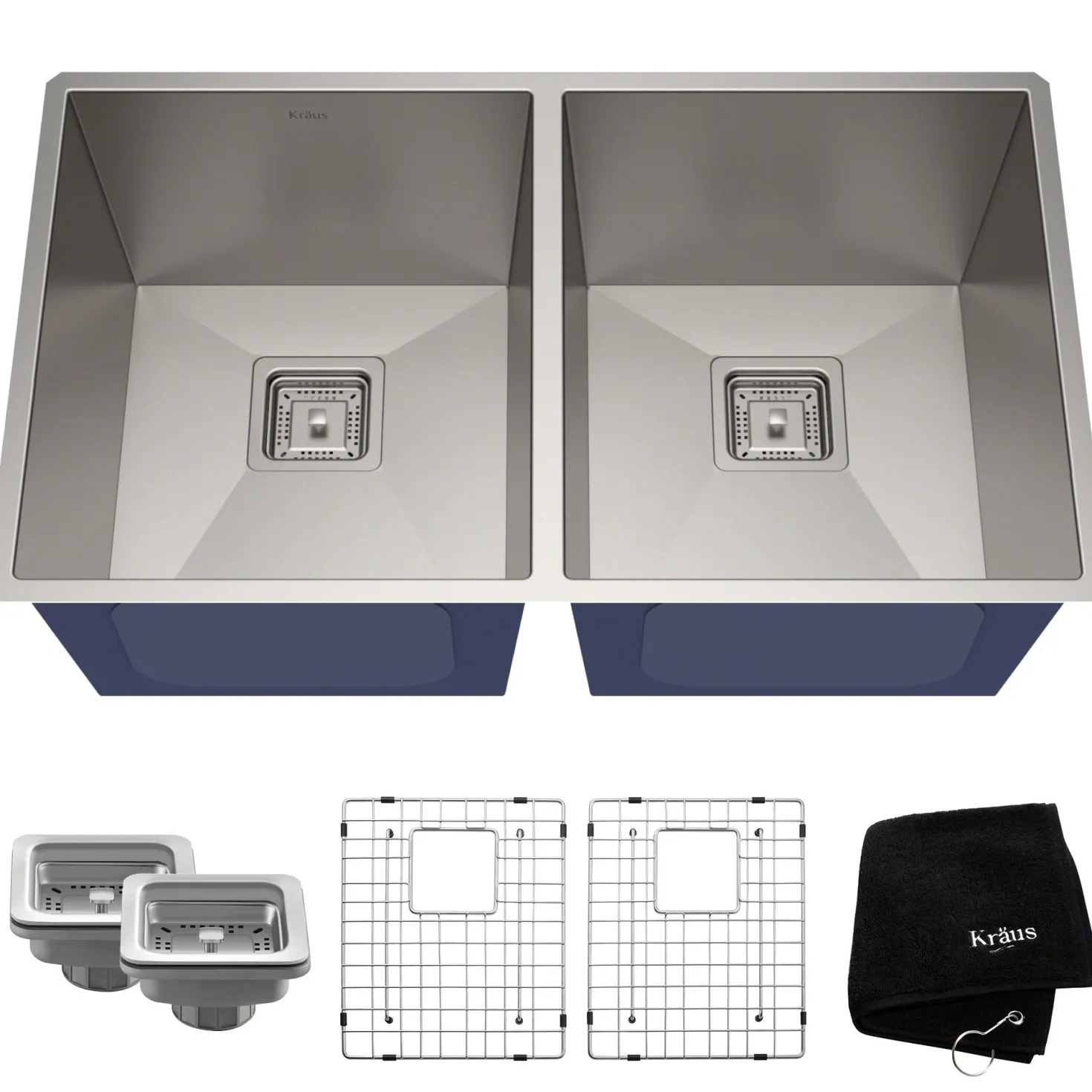 KRAUS Pax Zero-Radius 31.5" Handmade Undermount 50/50 Double Bowl 16 Gauge Stainless Steel Kitchen Sink with NoiseDefend Soundproofing