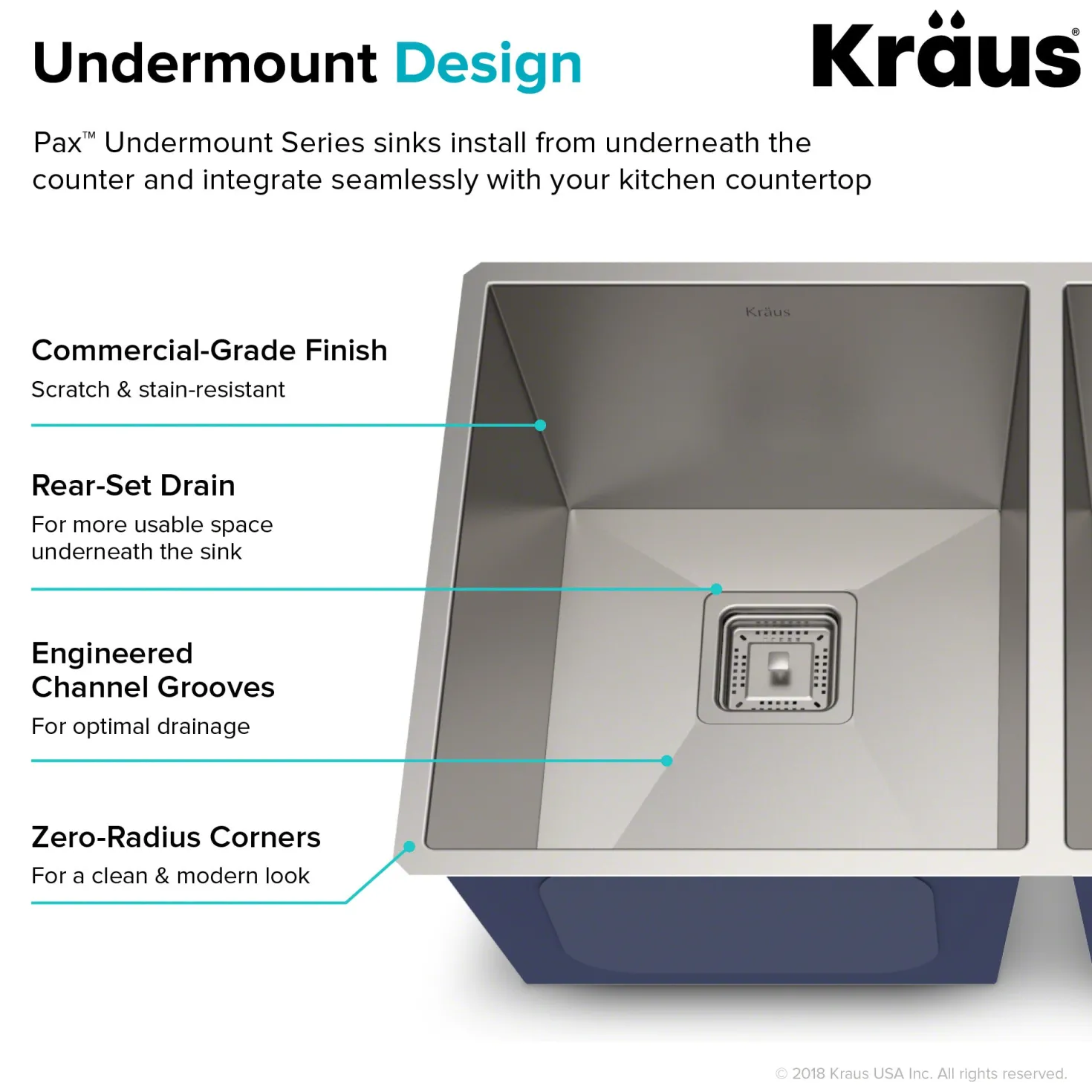 KRAUS Pax Zero-Radius 31.5" Handmade Undermount 50/50 Double Bowl 16 Gauge Stainless Steel Kitchen Sink with NoiseDefend Soundproofing