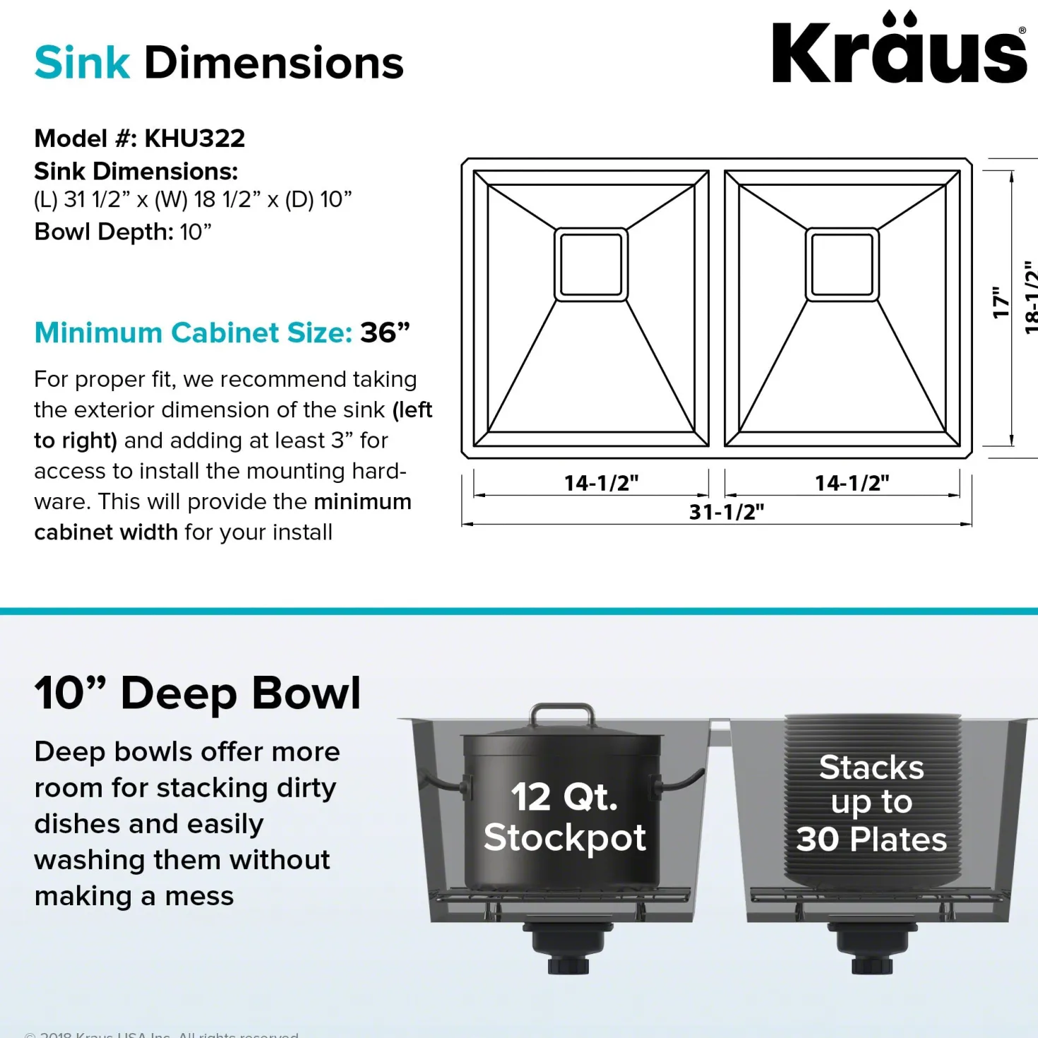 KRAUS Pax Zero-Radius 31.5" Handmade Undermount 50/50 Double Bowl 16 Gauge Stainless Steel Kitchen Sink with NoiseDefend Soundproofing