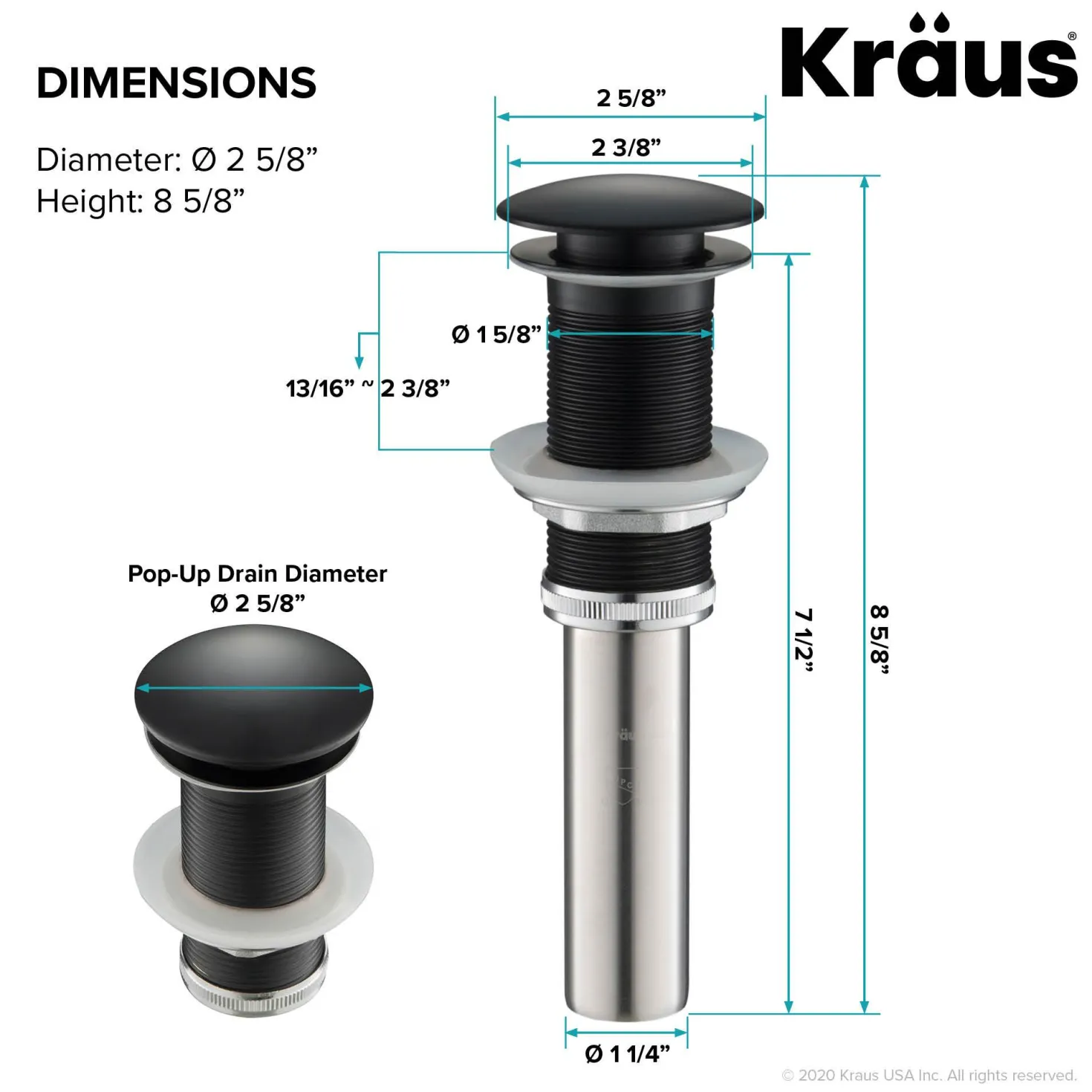 KRAUS Pop-Up Drain for Bathroom Sink in Matte Black