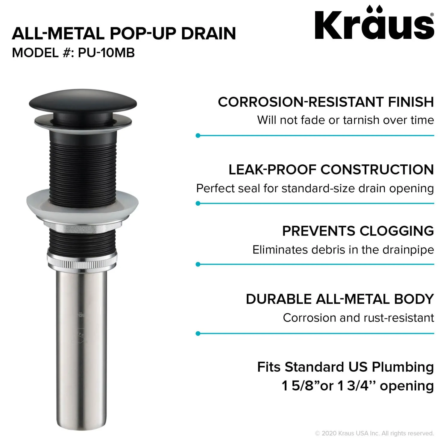 KRAUS Pop-Up Drain for Bathroom Sink in Matte Black