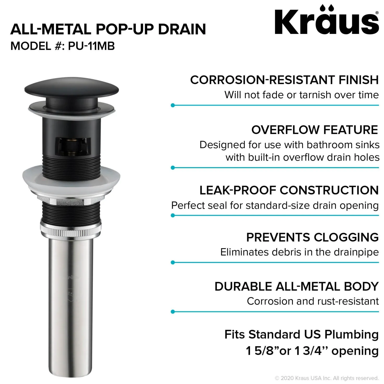 KRAUS Pop-Up Drain for Bathroom Sink in Matte Black