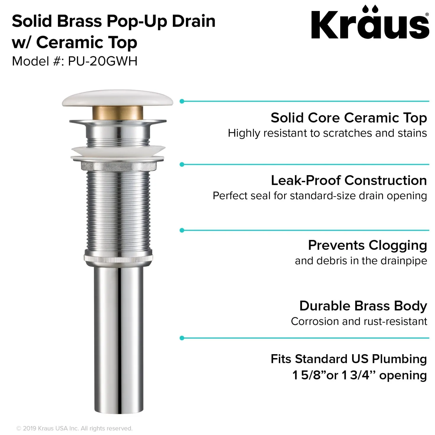 KRAUS Pop-Up Drain with Porcelain Ceramic Top for Bathroom Sink without Overflow, Gloss Beige