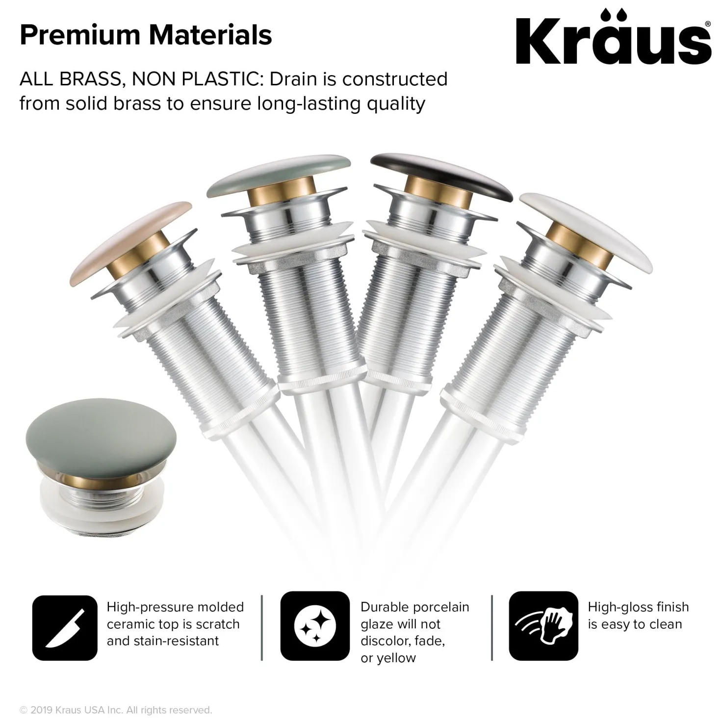 KRAUS Pop-Up Drain with Porcelain Ceramic Top for Bathroom Sink without Overflow, Gloss Beige