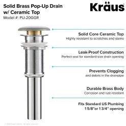KRAUS Pop-Up Drain with Porcelain Ceramic Top for Bathroom Sink without Overflow, Gloss Black