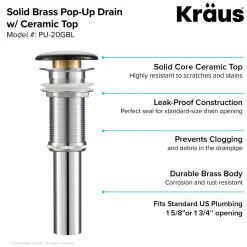 KRAUS Pop-Up Drain with Porcelain Ceramic Top for Bathroom Sink without Overflow, Gloss Black