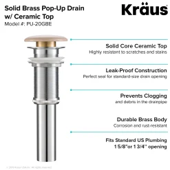 KRAUS Pop-Up Drain with Porcelain Ceramic Top for Bathroom Sink without Overflow, Gloss Grey
