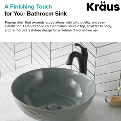 KRAUS Pop-Up Drain with Porcelain Ceramic Top for Bathroom Sink without Overflow, Gloss Grey