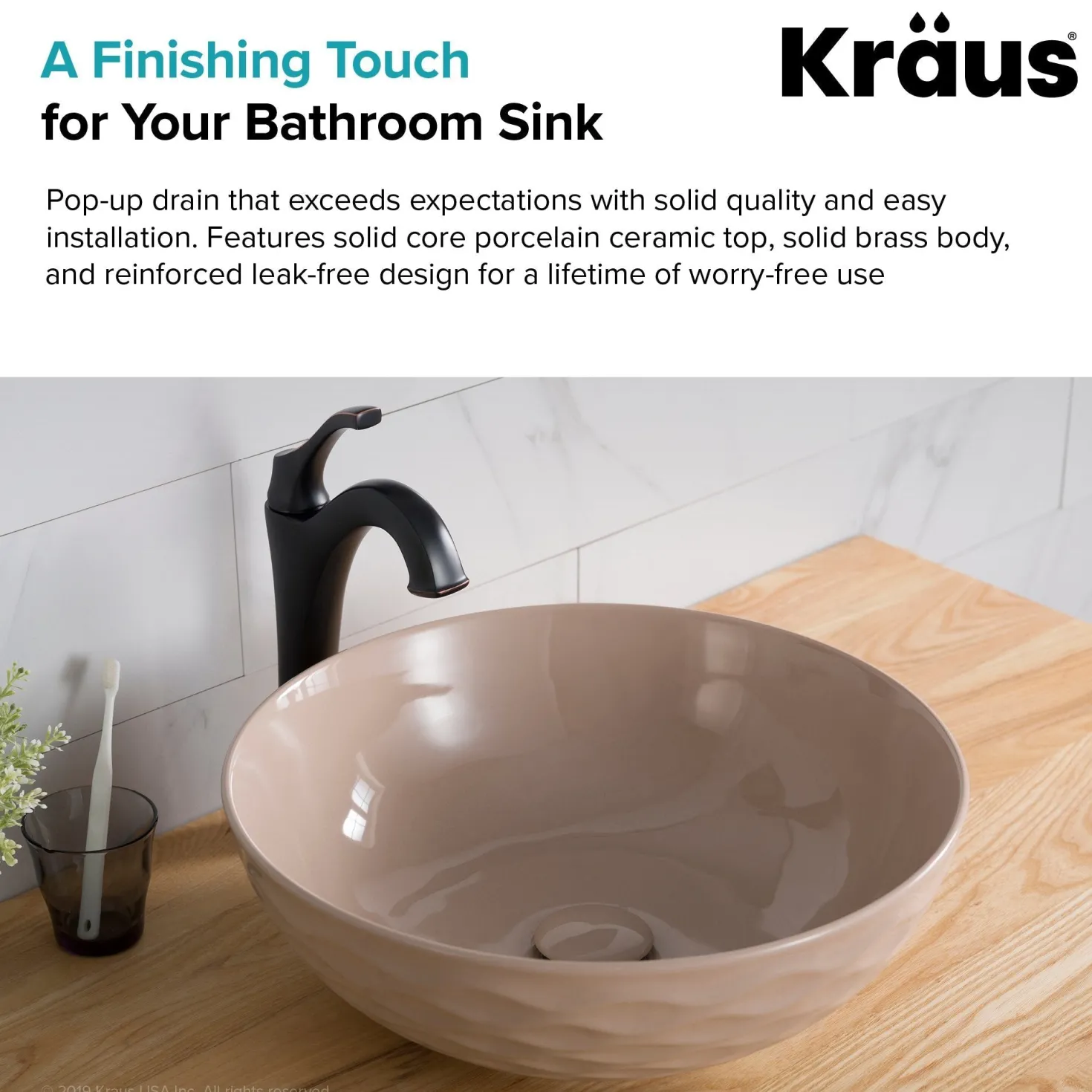 KRAUS Pop-Up Drain with Porcelain Ceramic Top for Bathroom Sink without Overflow, Gloss Grey