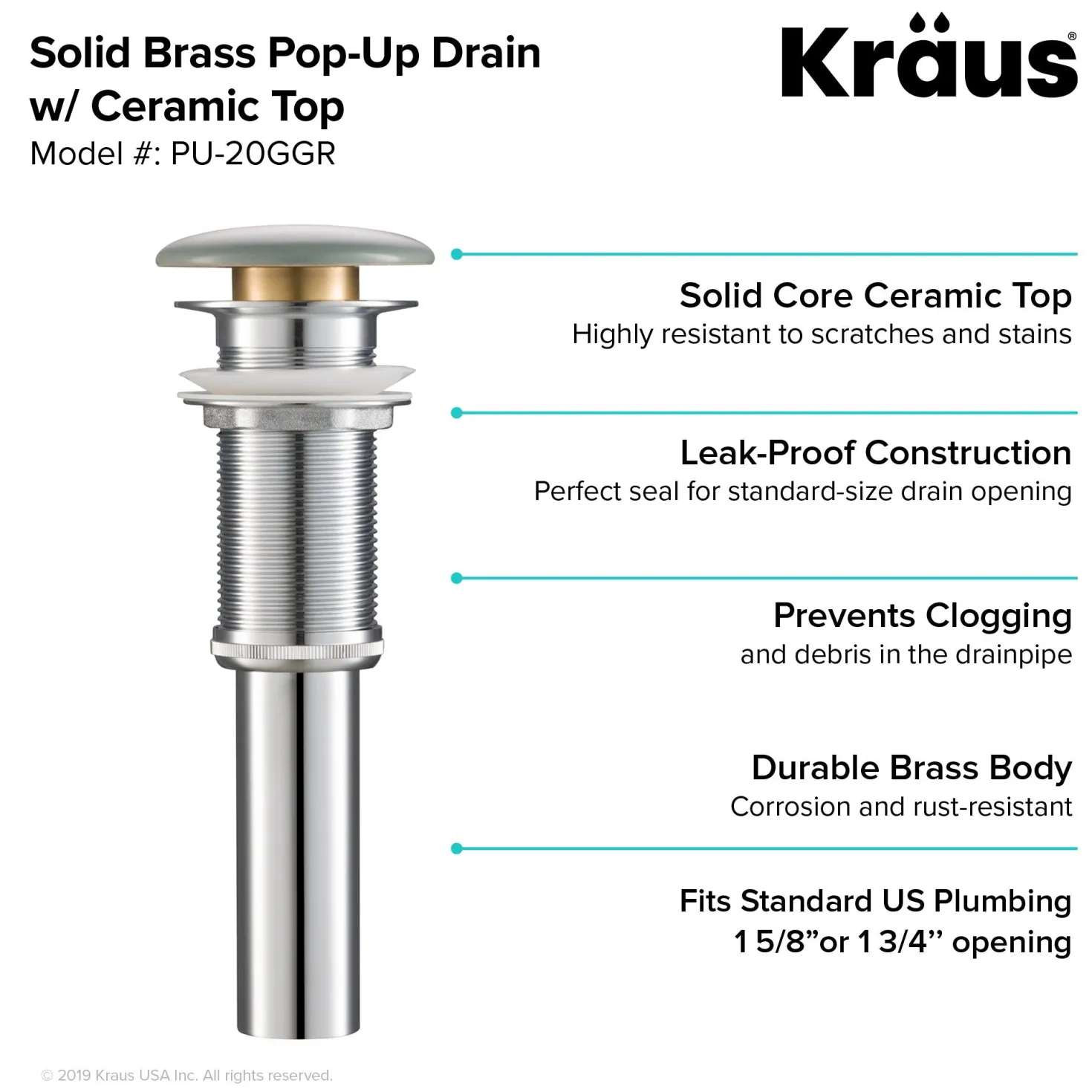 KRAUS Pop-Up Drain with Porcelain Ceramic Top for Bathroom Sink without Overflow, Gloss Grey
