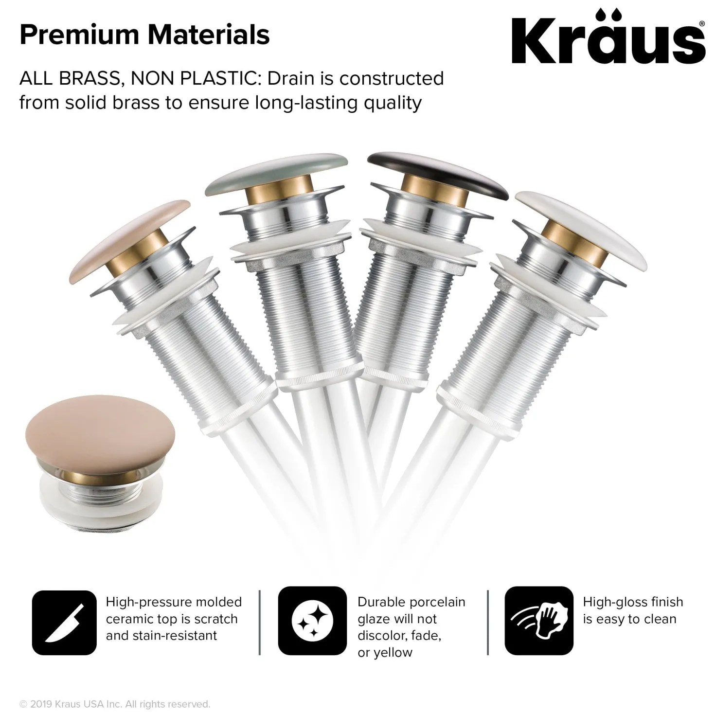 KRAUS Pop-Up Drain with Porcelain Ceramic Top for Bathroom Sink without Overflow, Gloss Grey