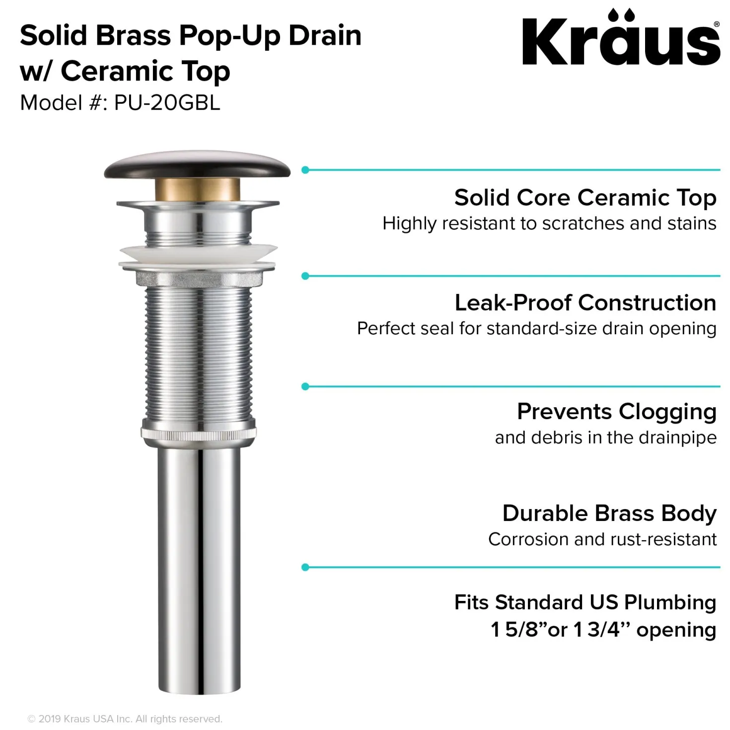 KRAUS Pop-Up Drain with Porcelain Ceramic Top for Bathroom Sink without Overflow, Gloss Grey