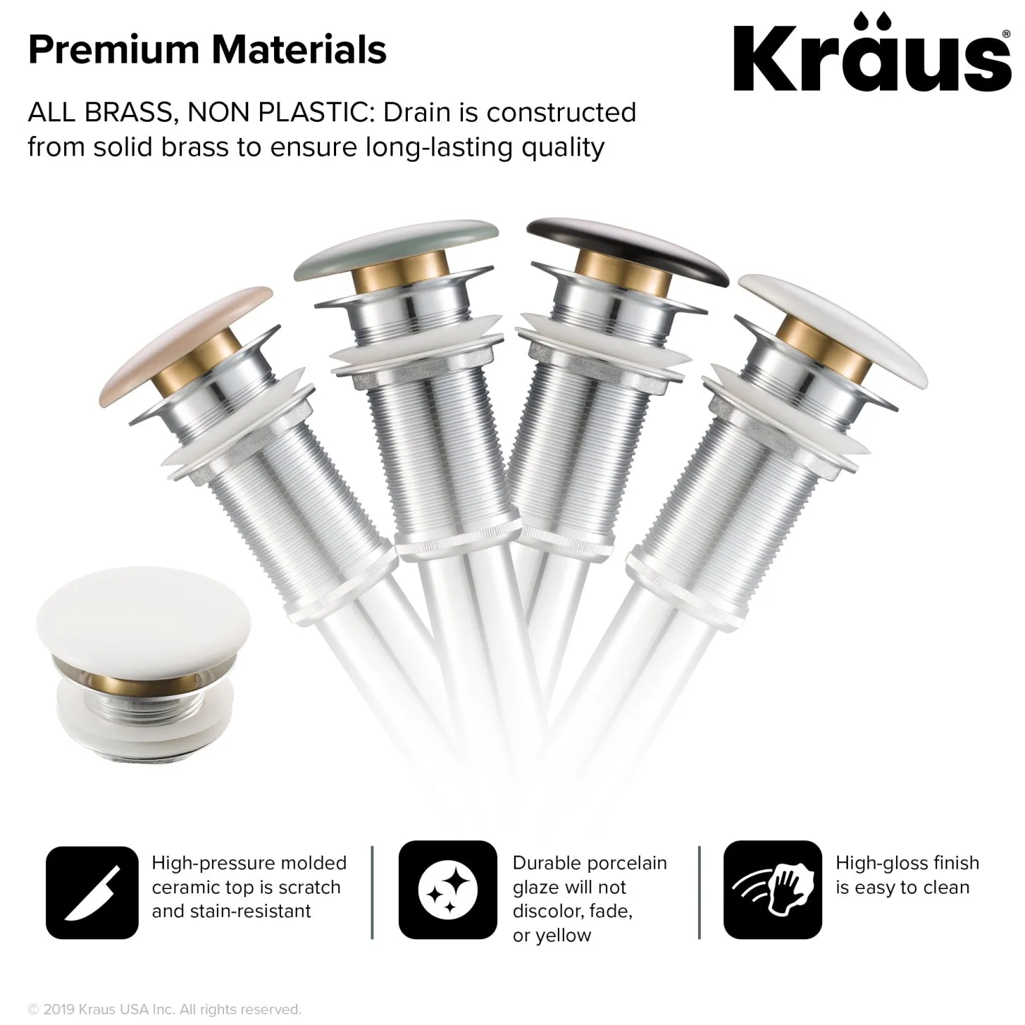KRAUS Pop-Up Drain with Porcelain Ceramic Top for Bathroom Sink without Overflow, Gloss White