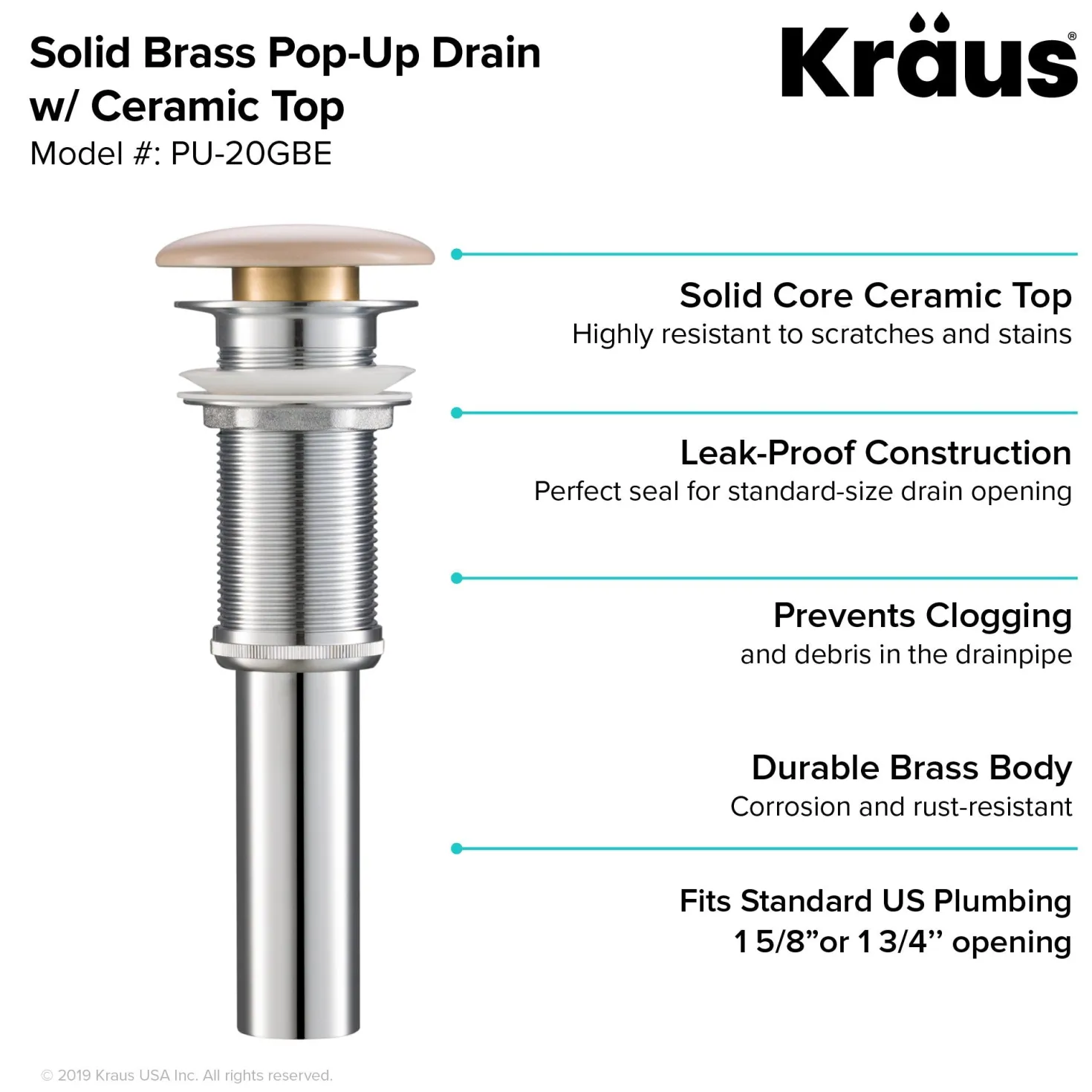 KRAUS Pop-Up Drain with Porcelain Ceramic Top for Bathroom Sink without Overflow, Gloss White