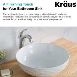 KRAUS Pop-Up Drain with Porcelain Ceramic Top for Bathroom Sink without Overflow, Gloss White