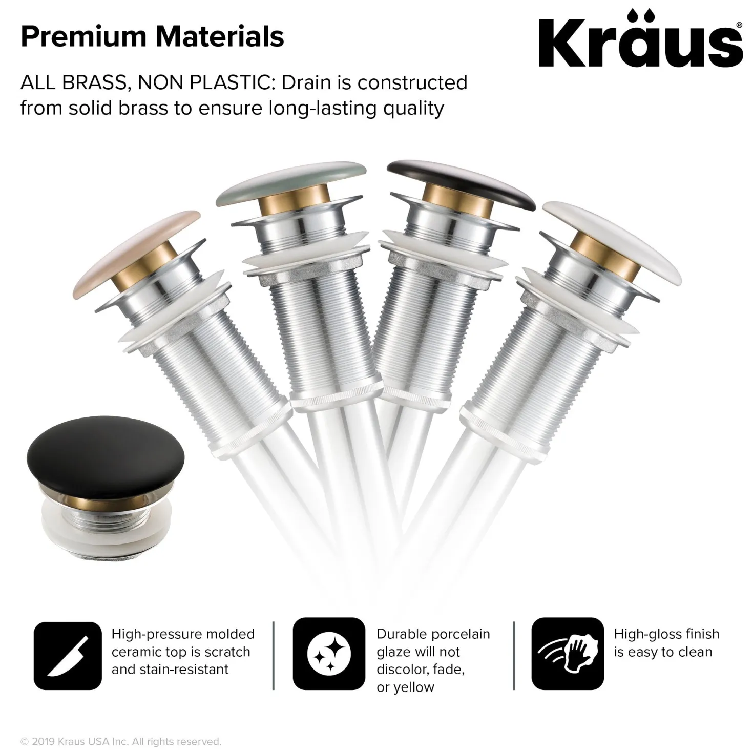 KRAUS Pop-Up Drain with Porcelain Ceramic Top for Bathroom Sink without Overflow, Gloss White