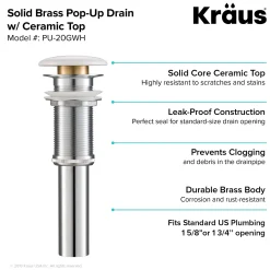 KRAUS Pop-Up Drain with Porcelain Ceramic Top for Bathroom Sink without Overflow, Gloss White