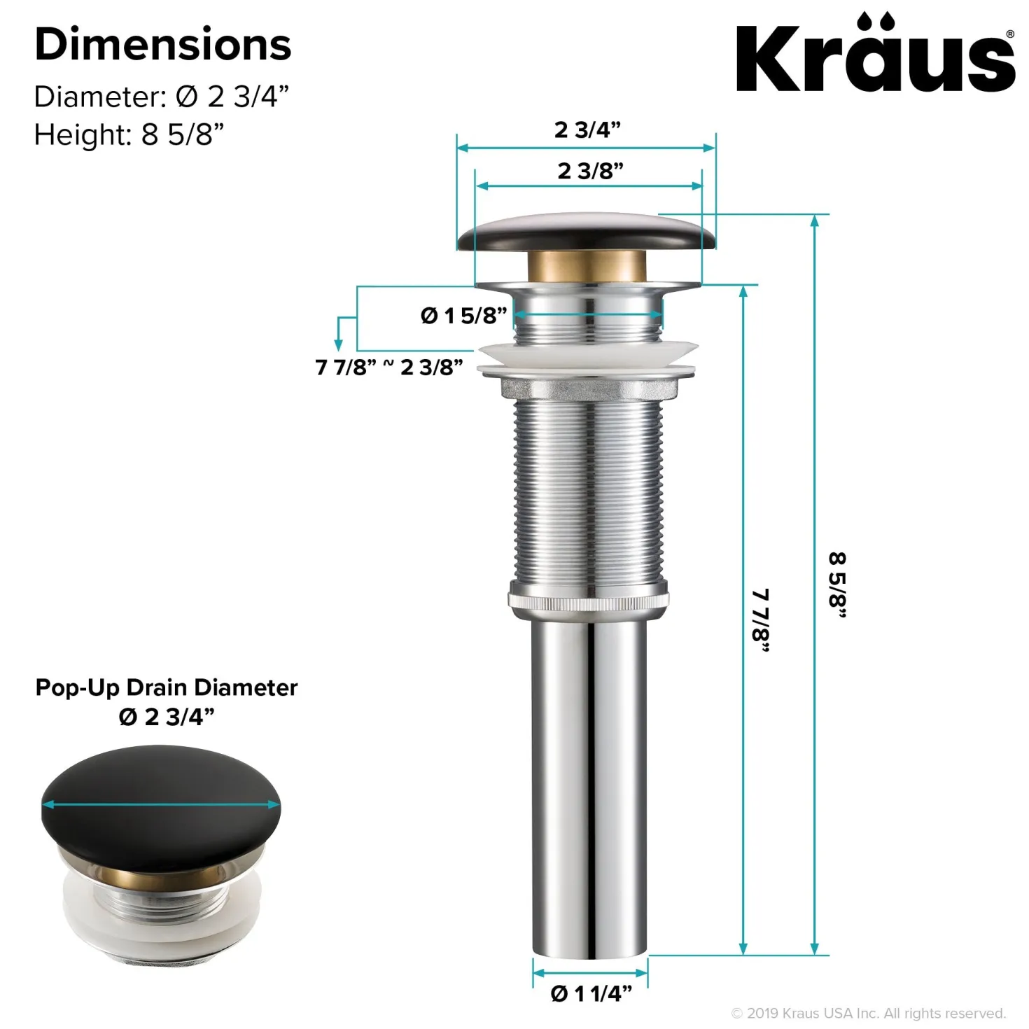 KRAUS Pop-Up Drain with Porcelain Ceramic Top for Bathroom Sink without Overflow, Gloss White
