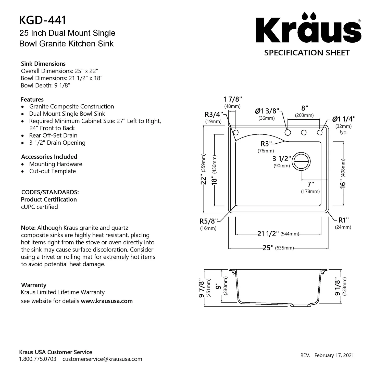 KRAUS Quarza 25" Dual Mount Composite Kitchen Sink and Strainer in Black