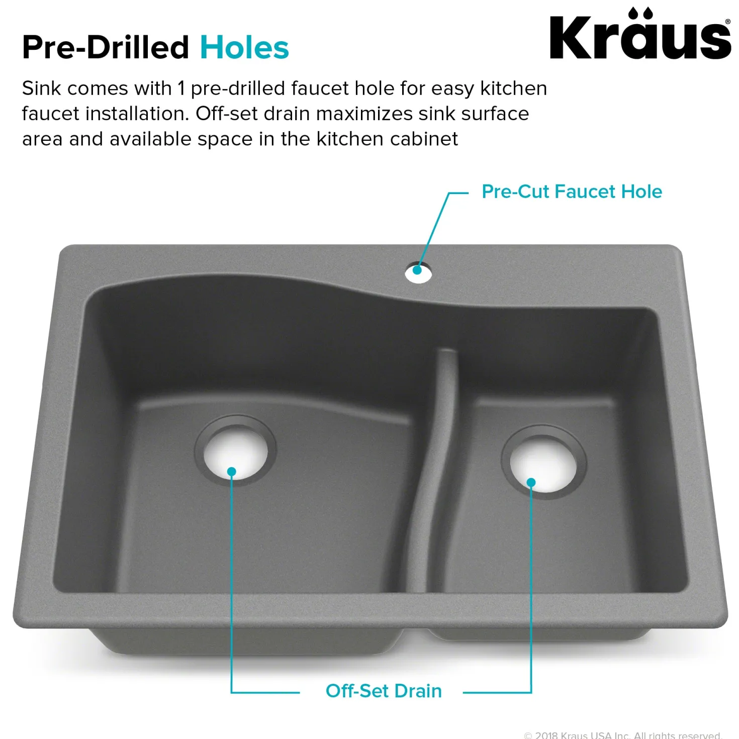 KRAUS Quarza 33" Grey Dual Mount 60/40 Double Bowl Granite Kitchen Sink
