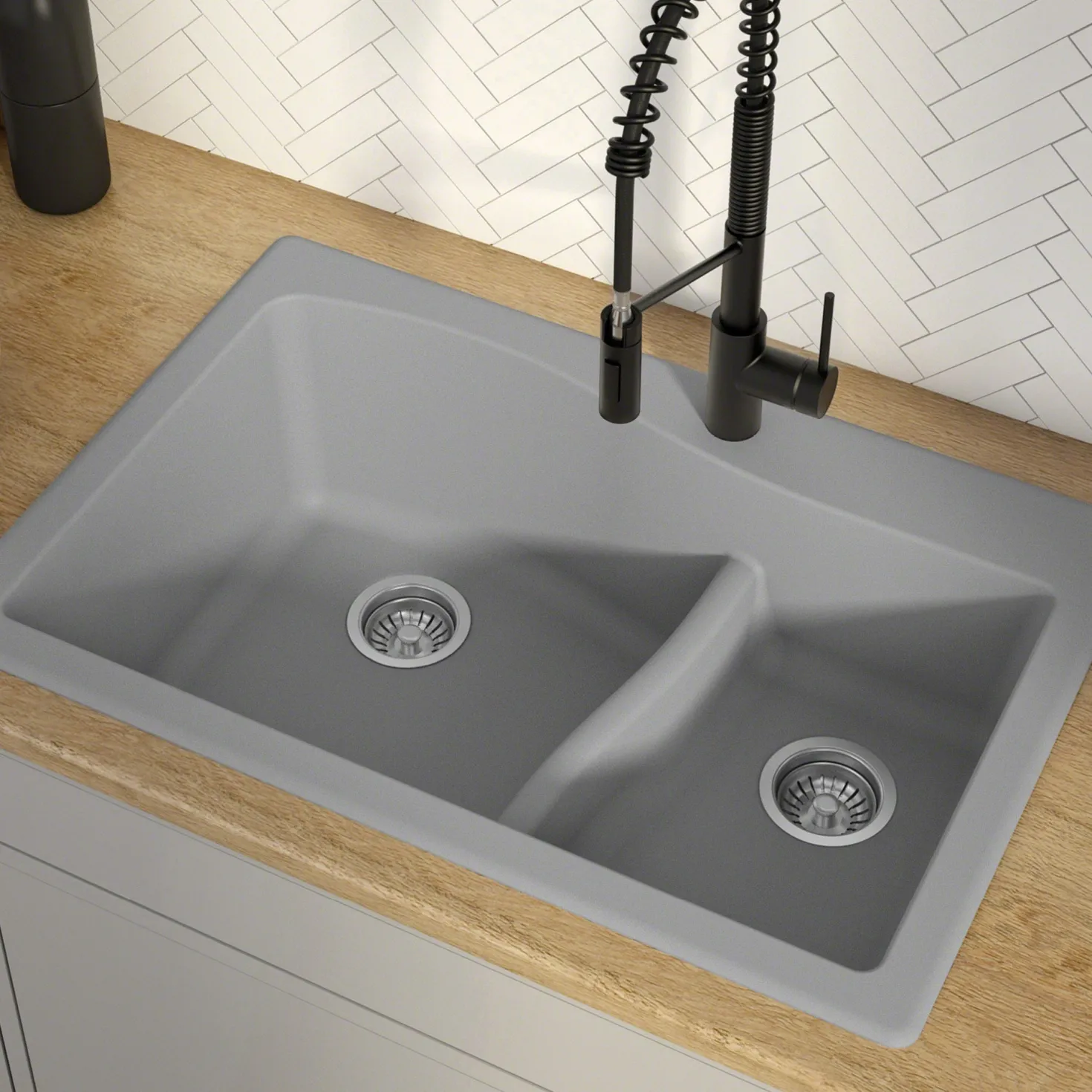 KRAUS Quarza 33" Grey Dual Mount 60/40 Double Bowl Granite Kitchen Sink