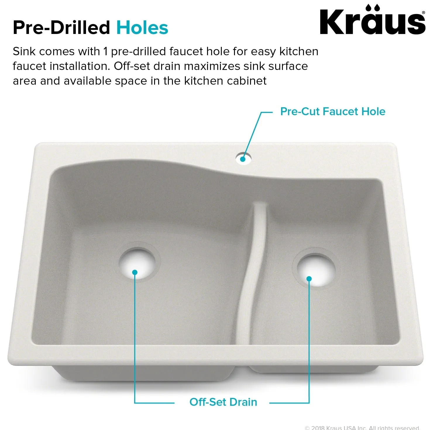 KRAUS Quarza 33" White Dual Mount 60/40 Double Bowl Granite Kitchen Sink