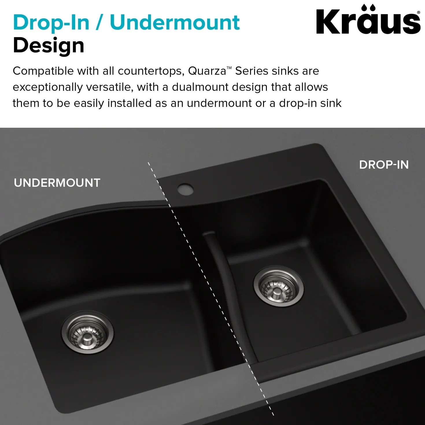 KRAUS Quarza 33" White Dual Mount 60/40 Double Bowl Granite Kitchen Sink
