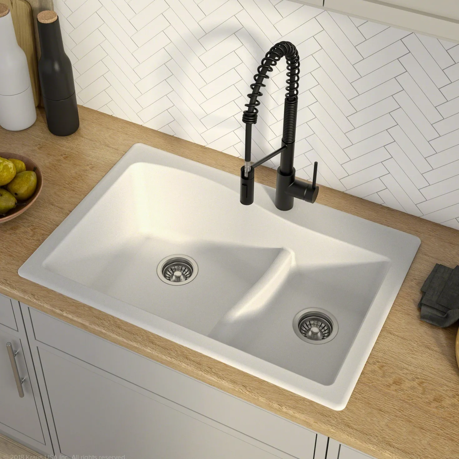 KRAUS Quarza 33" White Dual Mount 60/40 Double Bowl Granite Kitchen Sink