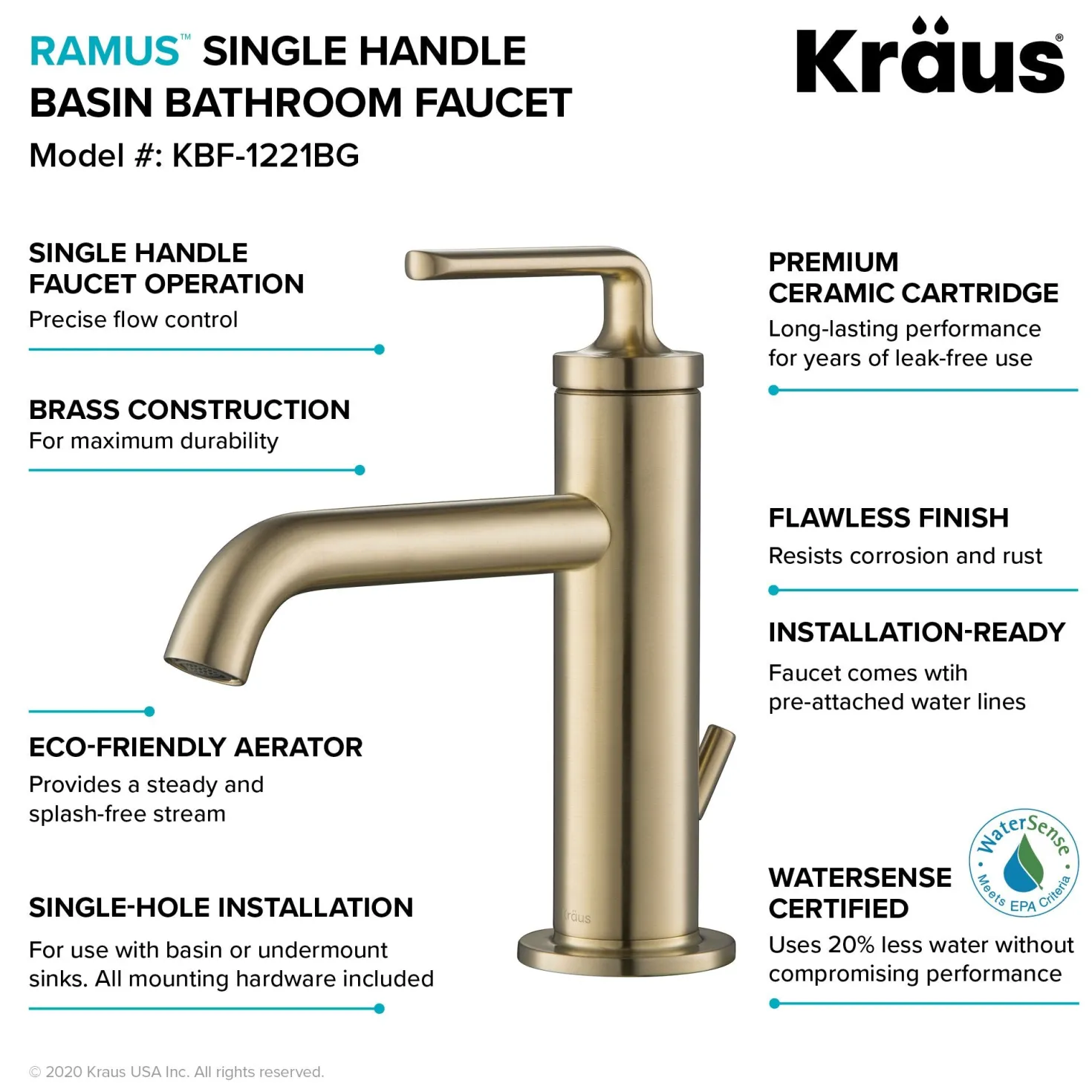 KRAUS Ramus Single Handle Bathroom Sink Faucet with Lift Rod Drain in Brushed Gold