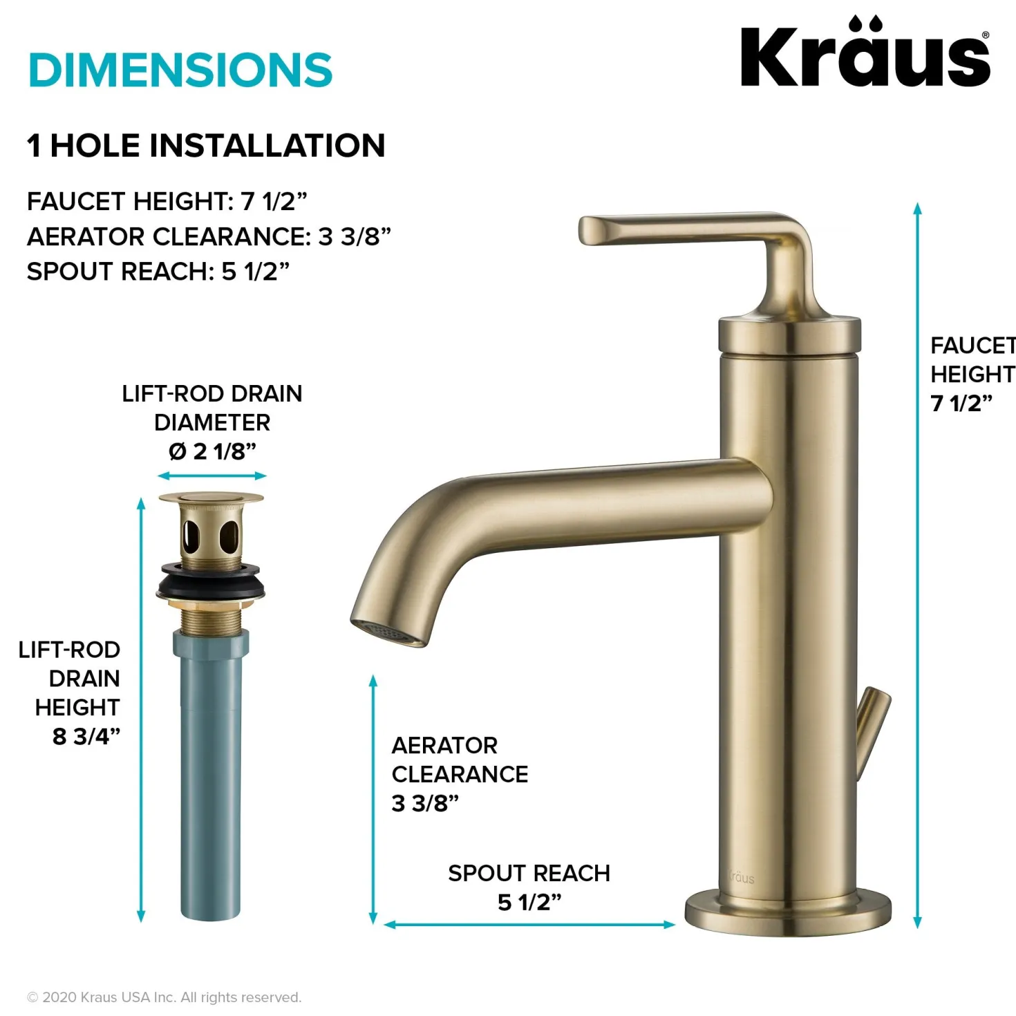 KRAUS Ramus Single Handle Bathroom Sink Faucet with Lift Rod Drain in Brushed Gold