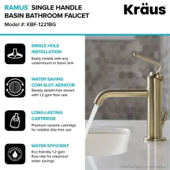 KRAUS Ramus Single Handle Bathroom Sink Faucet with Lift Rod Drain in Brushed Gold