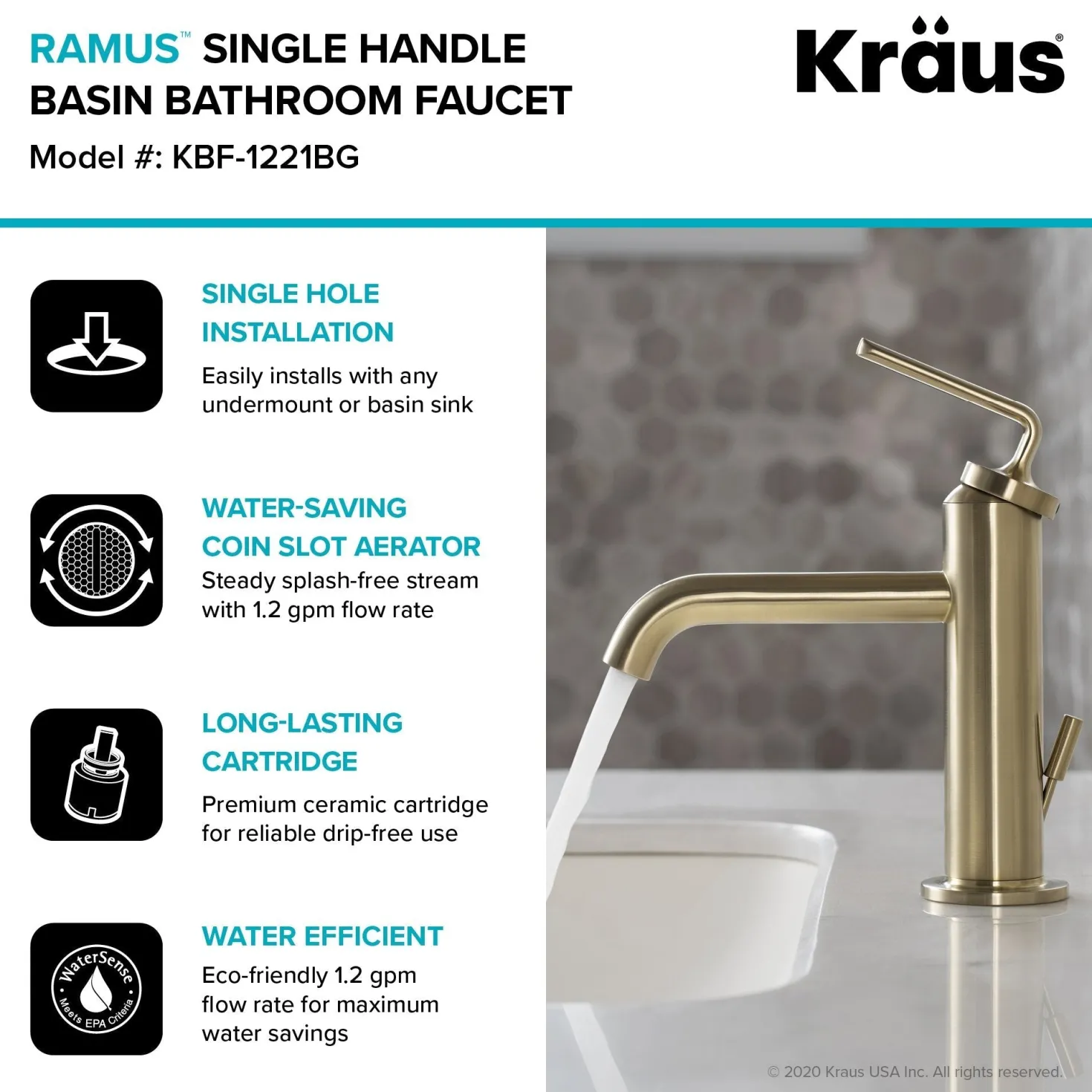 KRAUS Ramus Single Handle Bathroom Sink Faucet with Lift Rod Drain in Brushed Gold