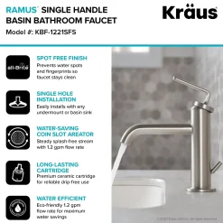 KRAUS Ramus Single Handle Bathroom Sink Faucet with Lift Rod Drain in Spot Free Stainless Steel
