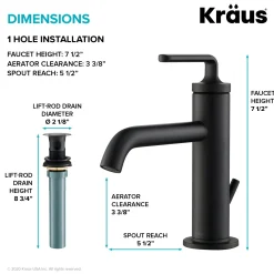 KRAUS Ramus Single Handle Bathroom Sink Faucet with Lift Rod Drain in Matte Black